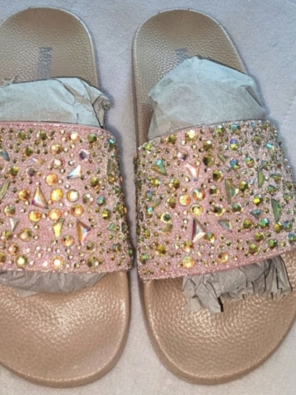 Mix It Pink Jeweled Slide Sandals with Iridescent Accents